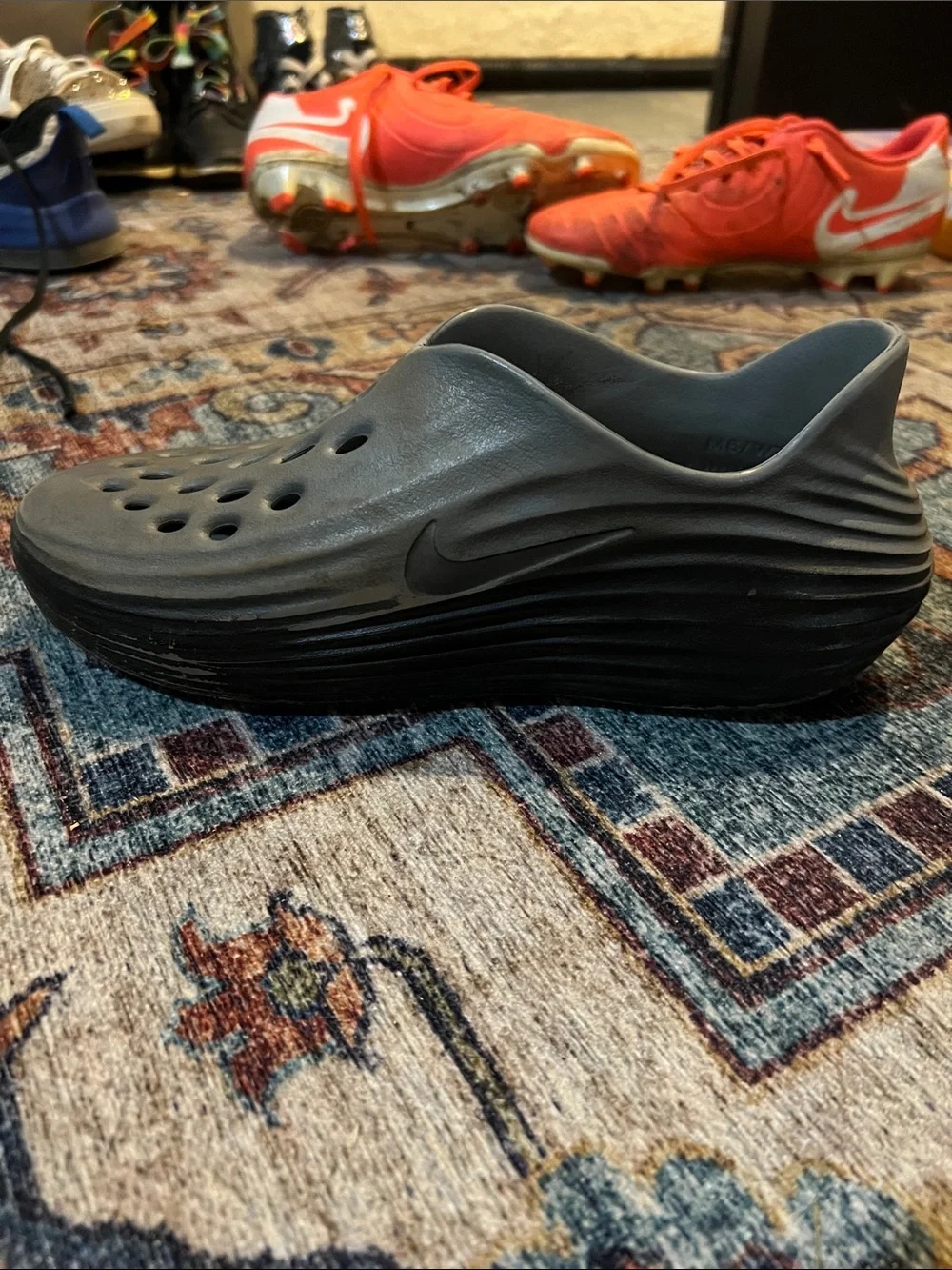 Nike Men's 6  Gray Slip-On Foam Clog with Neon Yellow Swoosh